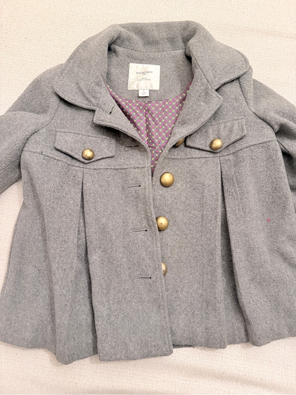 Heritage Gray Wool Short Peacoat with Brass Buttons